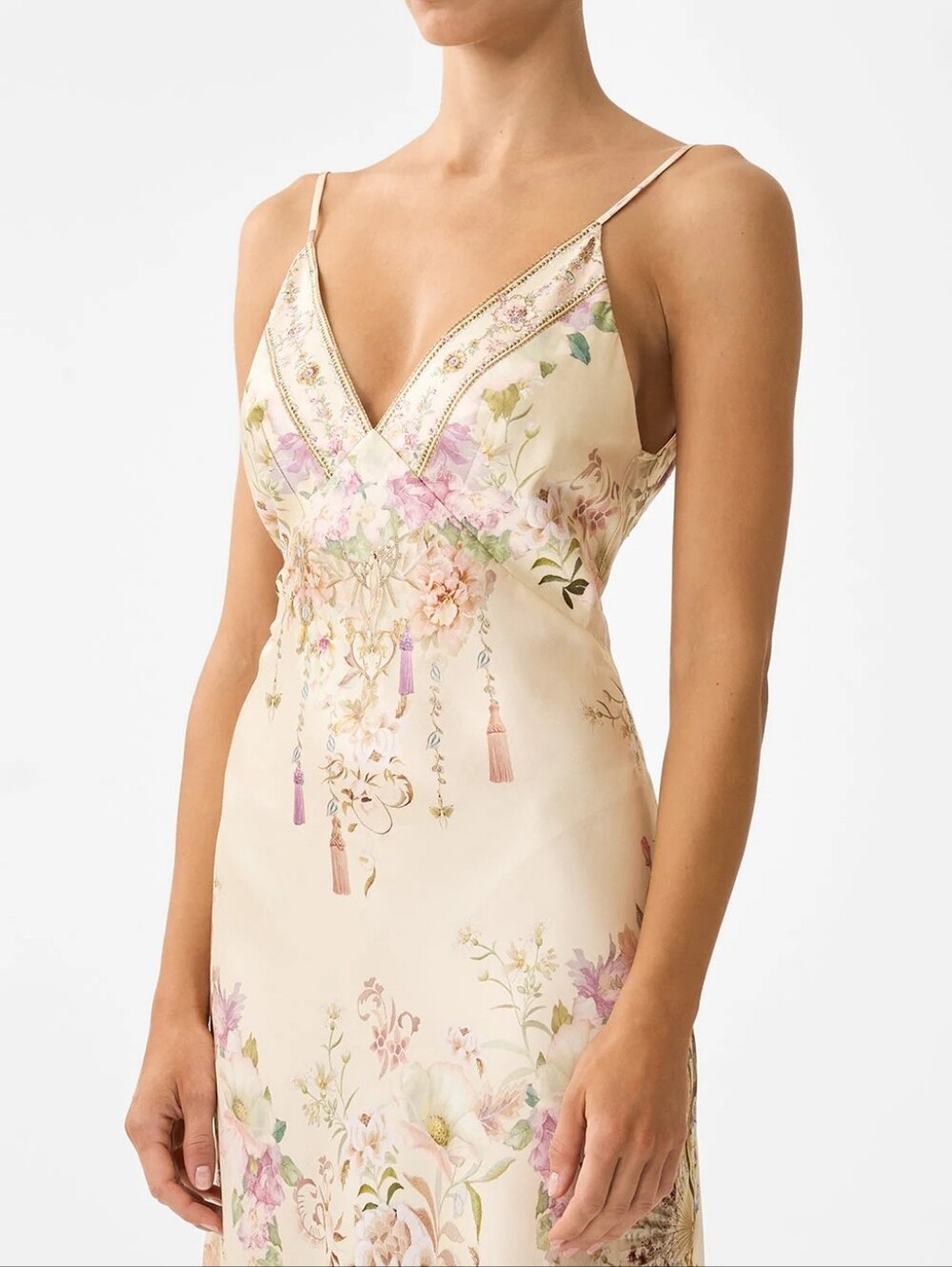 Camilla v neck full length bias slip dress In Adorned in aranjuez - Picture 4 of 13